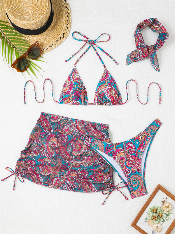 Swimwear- Women 4-Piece Paisley Swimwear - Bikini Set with Cover-Up & Bandana- - Pekosa Women Fashion