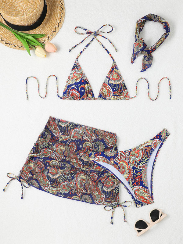 Swimwear- Women 4-Piece Paisley Swimwear - Bikini Set with Cover-Up & Bandana- - Pekosa Women Fashion