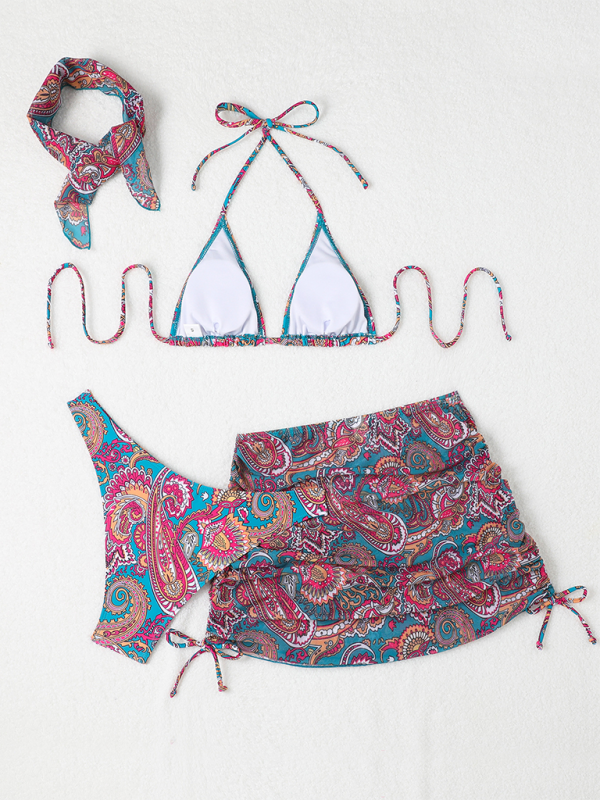 Swimwear- Women 4-Piece Paisley Swimwear - Bikini Set with Cover-Up & Bandana- - Pekosa Women Fashion