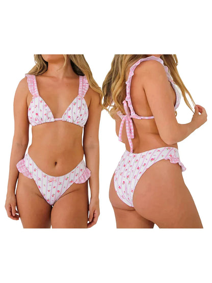 Ensemble bikini 2 pièces à volants fleuris pour femme avec soutien-gorge triangle