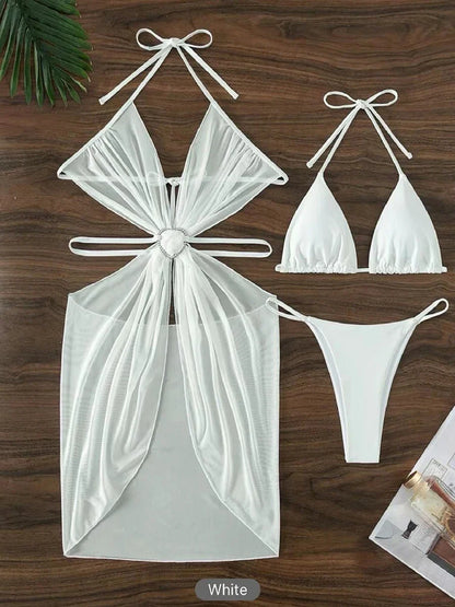 Swimwear- Women Ocean 3-Piece Swimwear with Cover-Up for Your Beach Day- White- Pekosa Women Fashion