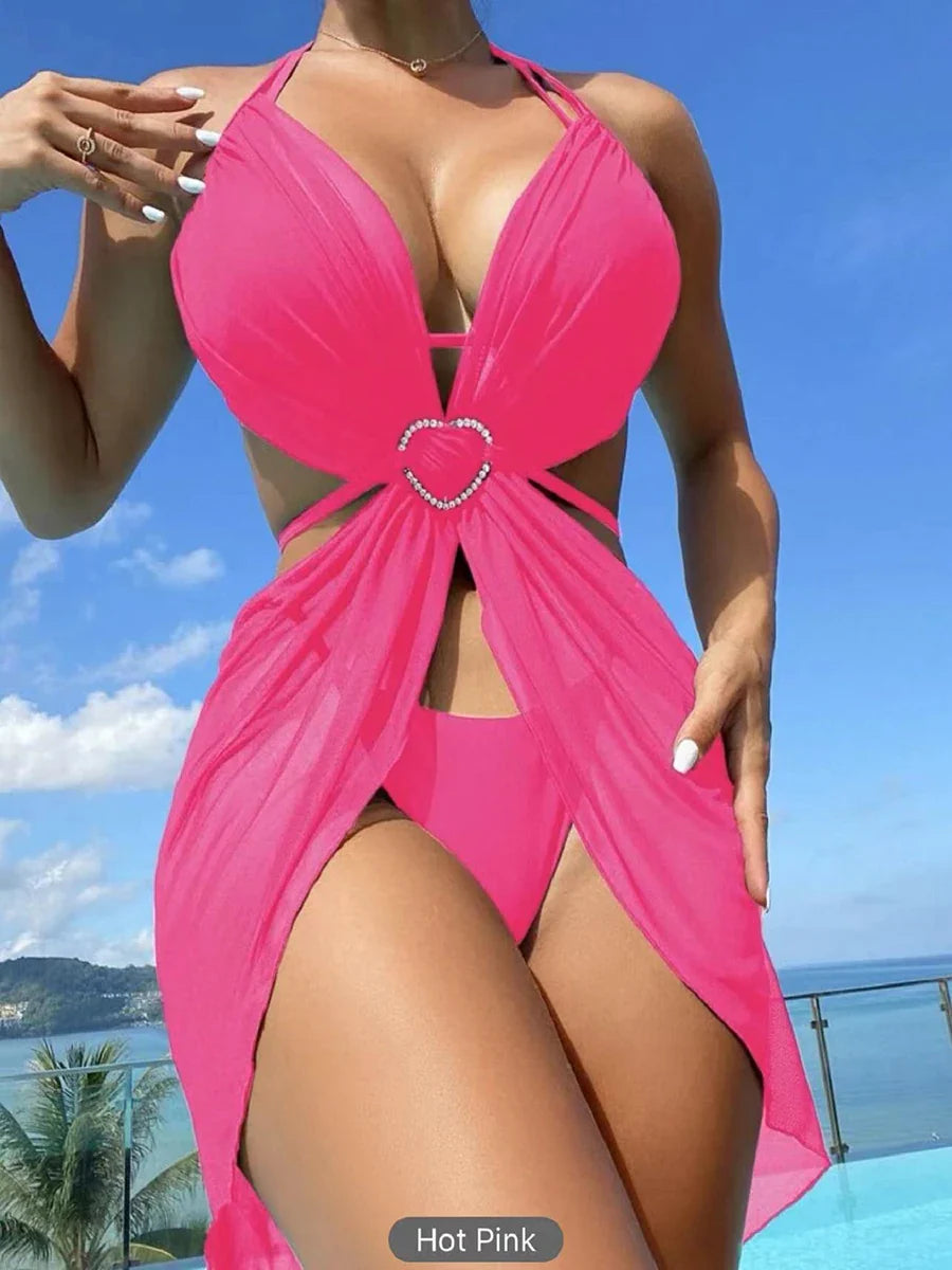 Swimwear- Women Ocean 3-Piece Swimwear with Cover-Up for Your Beach Day- Pink- Pekosa Women Fashion