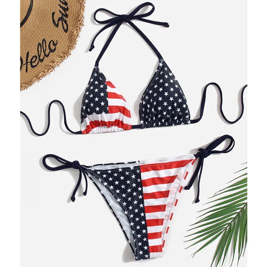 Swimwear- Women Patriotic 2 Piece String Swimwear for Every U.S. Holiday & July 4th- - Chuzko Women Clothing