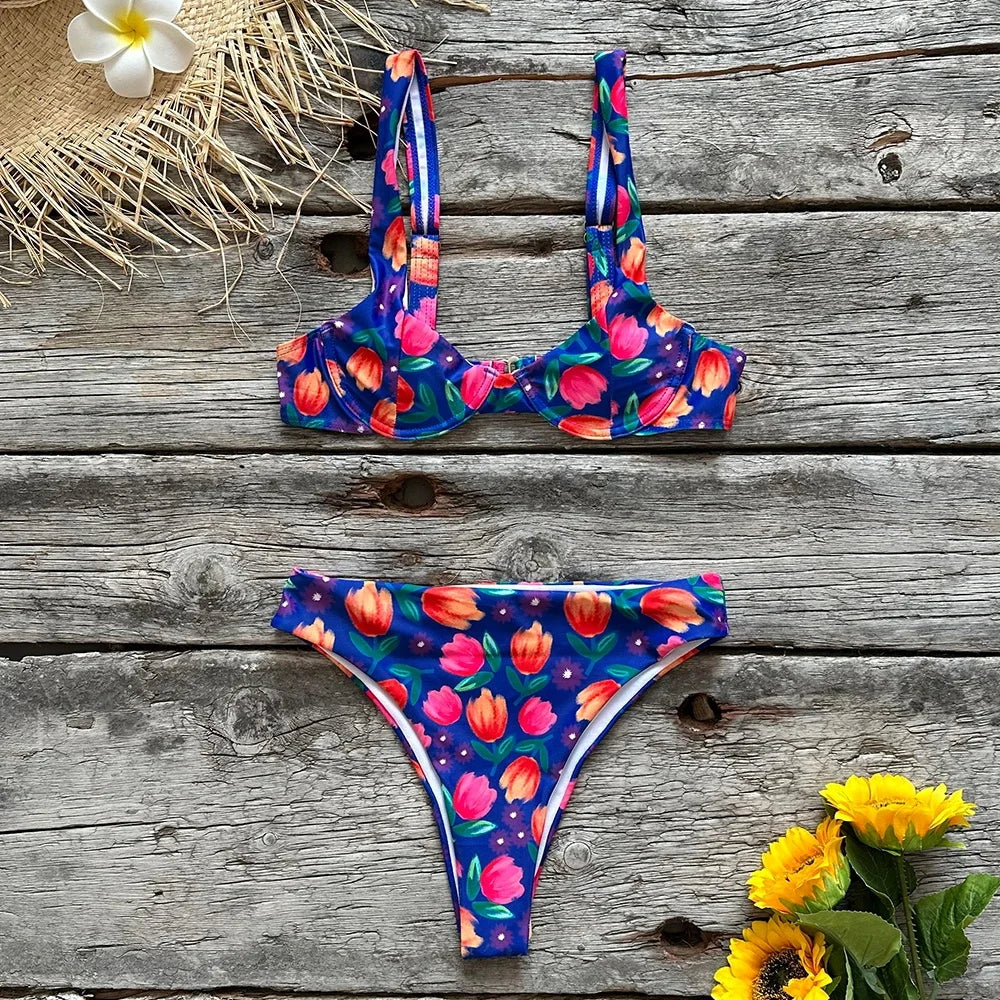 Swimwear- Women Petal Floral Underwire Bikini for Pool Getaway- CO33179B1- Chuzko Women Clothing