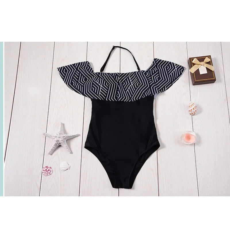 Swimwear- Women Ruffle One-Piece Off-Shoulder Swimsuit in Geometric Black- - Pekosa Women Fashion