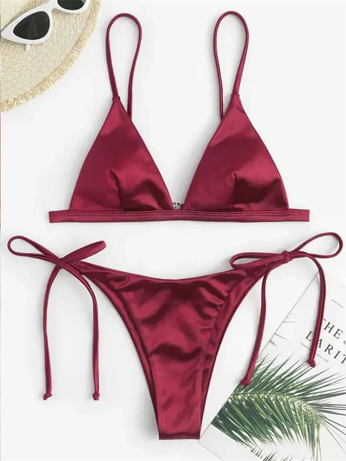 Swimwear- Women Satin Finish Bikini 2-Piece - Your Must-Have for Pool Parties- Wine Red- Pekosa Women Fashion