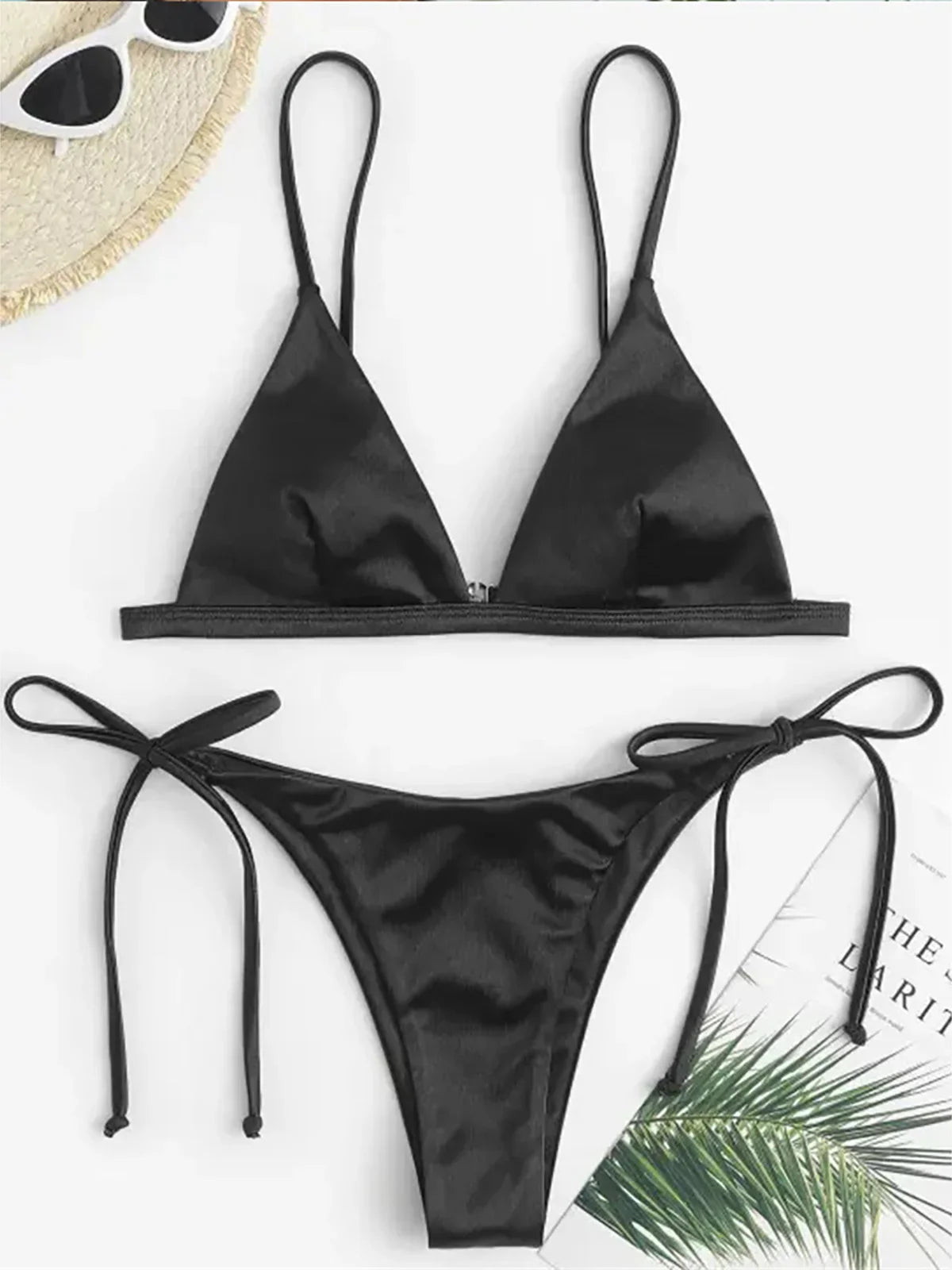 Swimwear- Women Satin Finish Bikini 2-Piece - Your Must-Have for Pool Parties- black- Pekosa Women Fashion