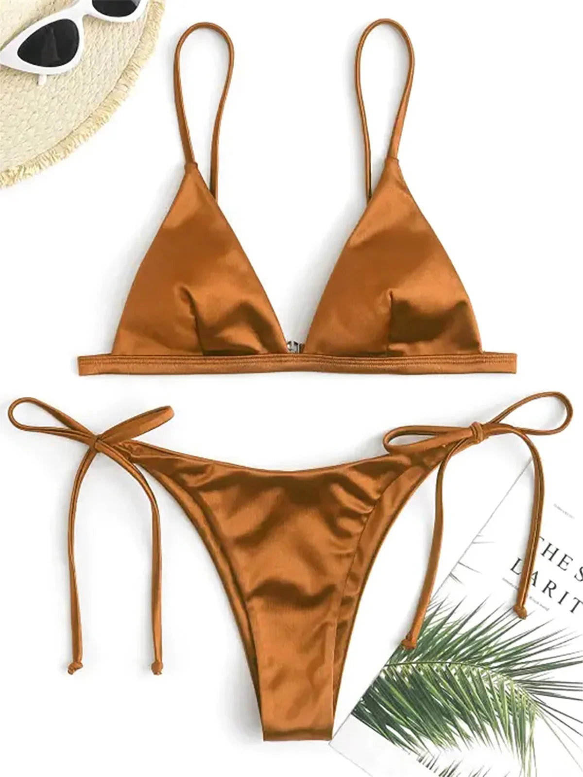 Swimwear- Women Satin Finish Bikini 2-Piece - Your Must-Have for Pool Parties- Coffee- Pekosa Women Fashion