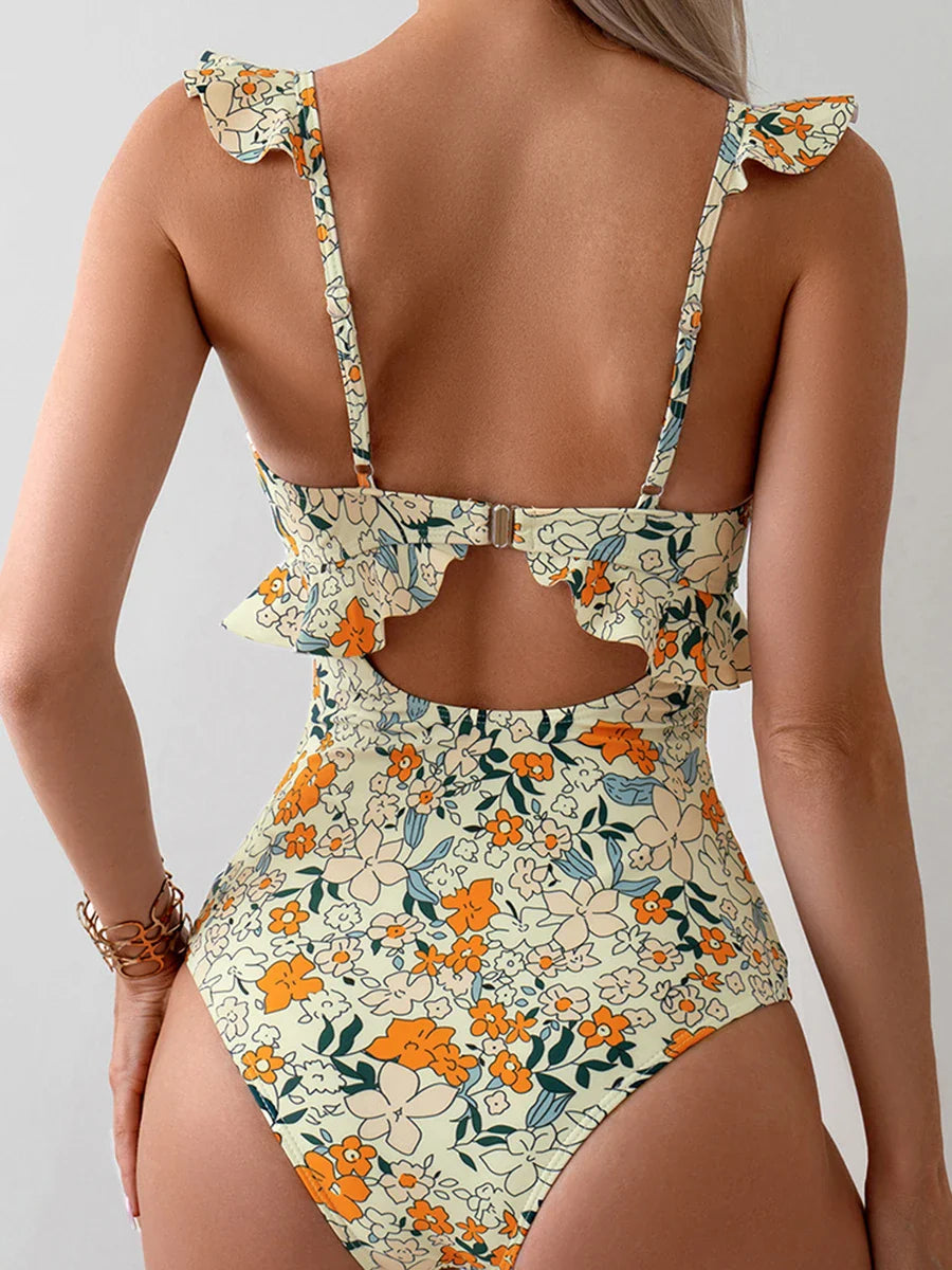 Swimwear- Women Vintage-inspired One-piece Swimsuit in Florals- - Pekosa Women Fashion