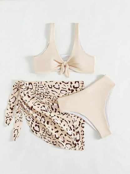 Animal Print Cover-Up with Women's 3 Piece Swimwear Set