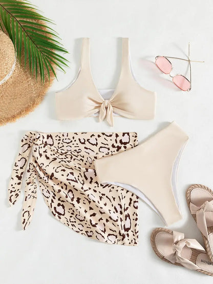 Animal Print Cover-Up with Women's 3 Piece Swimwear Set