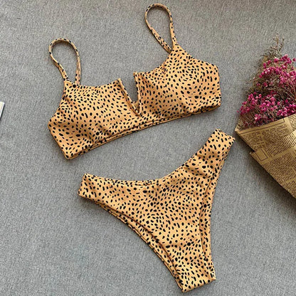 Swimwear- Women's Animal Print Swimwear V-Neck Bra & Bikini- Leopard Print- Pekosa Women Fashion