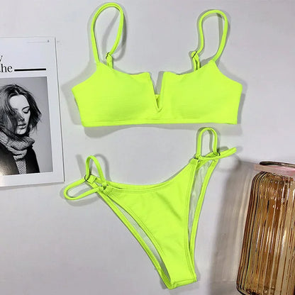 Swimwear- Women's Animal Print Swimwear V-Neck Bra & Bikini- Yellow Neon- Pekosa Women Fashion