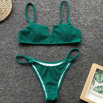 Swimwear- Women's Animal Print Swimwear V-Neck Bra & Bikini- Green- Pekosa Women Fashion