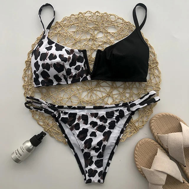 Swimwear- Women's Animal Print Swimwear V-Neck Bra & Bikini- Black Leopard Print- Pekosa Women Fashion