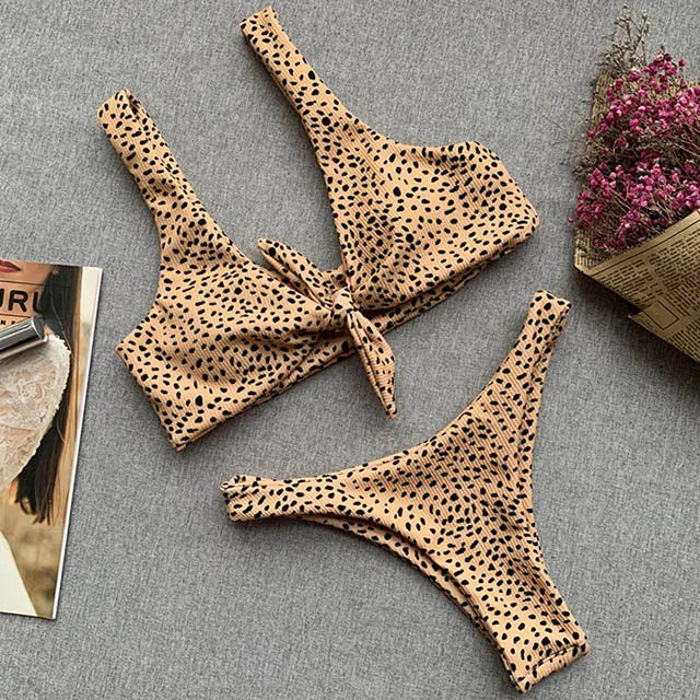 Swimwear- Women's Animal Print Swimwear V-Neck Bra & Bikini- Khaki Leopard Print- Pekosa Women Fashion