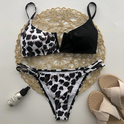 Swimwear- Women's Animal Print Swimwear V-Neck Bra & Bikini- - Pekosa Women Fashion