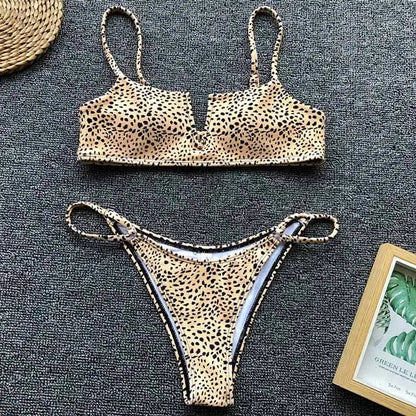 Swimwear- Women's Animal Print Swimwear V-Neck Bra & Bikini- Leopard Print 2- Pekosa Women Fashion