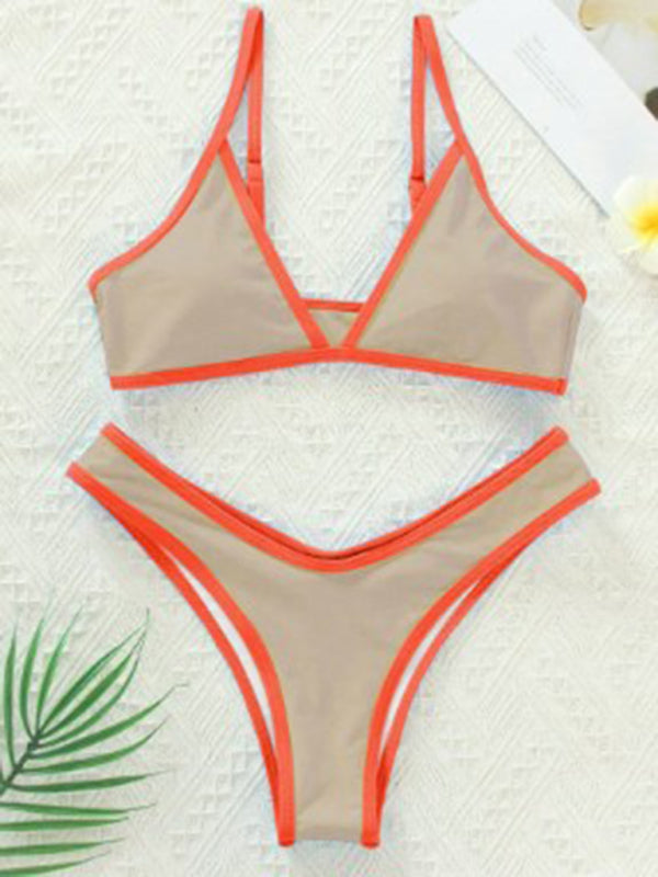 Swimwear- Women's Bikini & Triangle Bra Swimsuit Set in Contrast Binding- - Pekosa Women Fashion