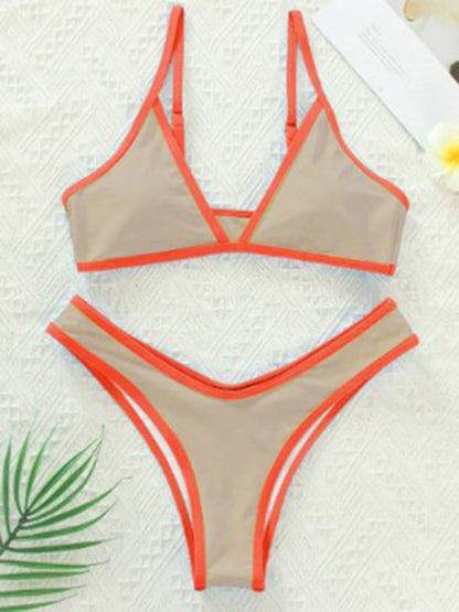 Swimwear- Women's Bikini & Triangle Bra Swimsuit Set in Contrast Binding- - Pekosa Women Fashion