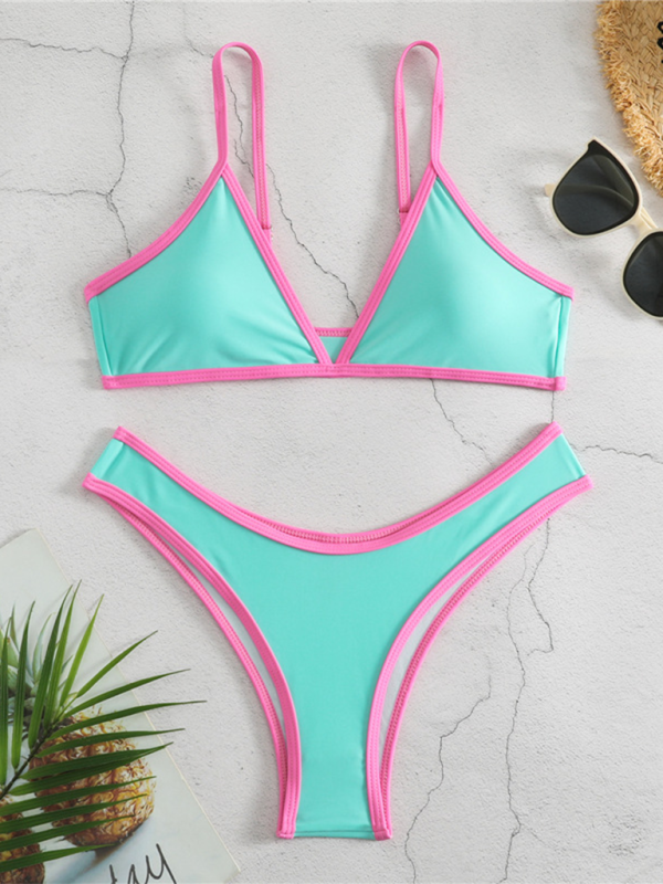 Swimwear- Women's Bikini & Triangle Bra Swimsuit Set in Contrast Binding- Mint Green- Pekosa Women Fashion