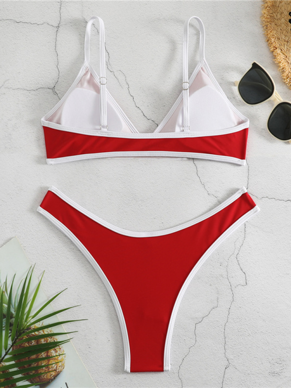 Swimwear- Women's Bikini & Triangle Bra Swimsuit Set in Contrast Binding- - Pekosa Women Fashion