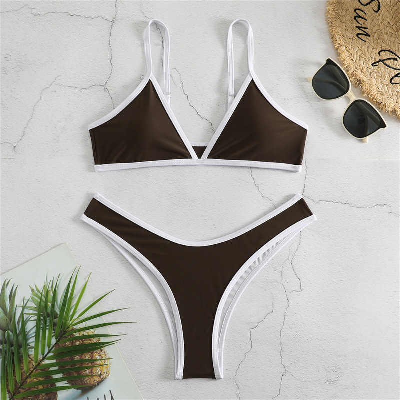 Swimwear- Women's Bikini & Triangle Bra Swimsuit Set in Contrast Binding- Coffee- Pekosa Women Fashion