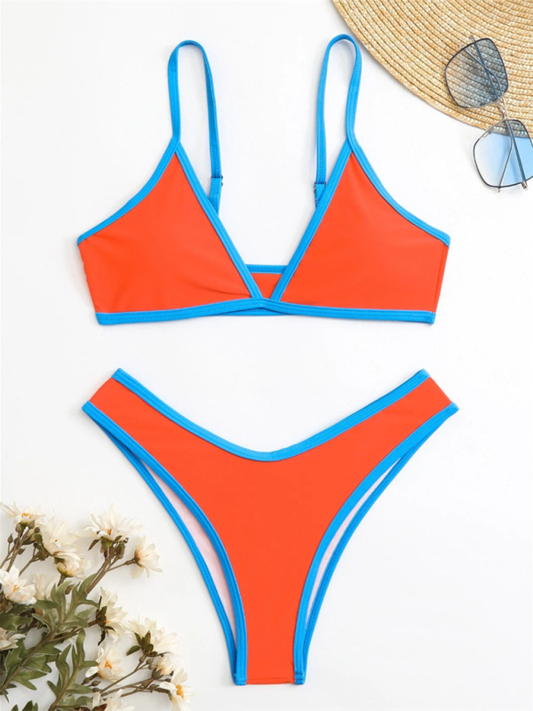 Swimwear- Women's Bikini & Triangle Bra Swimsuit Set in Contrast Binding- - Pekosa Women Fashion