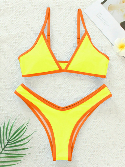 Swimwear- Women's Bikini & Triangle Bra Swimsuit Set in Contrast Binding- - Pekosa Women Fashion