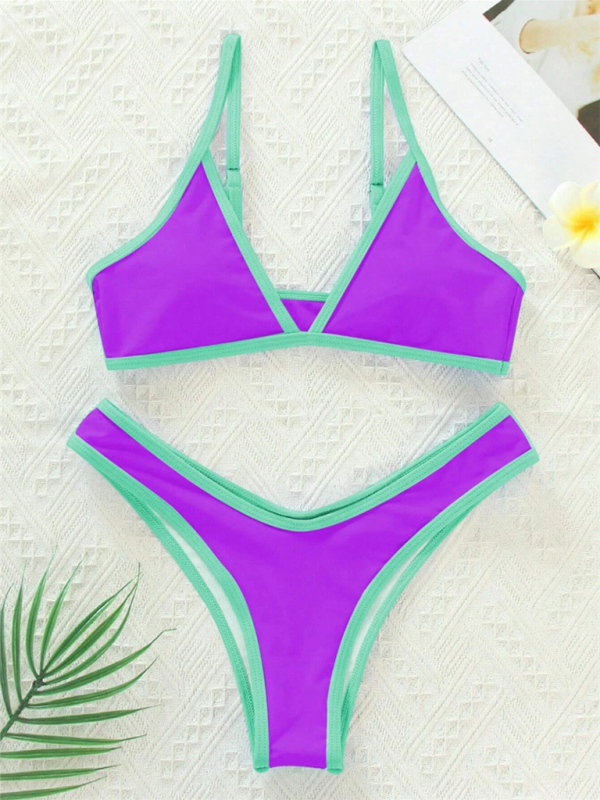 Swimwear- Women's Bikini & Triangle Bra Swimsuit Set in Contrast Binding- - Pekosa Women Fashion