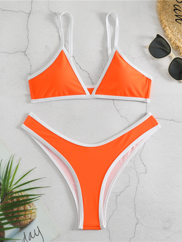 Swimwear- Women's Bikini & Triangle Bra Swimsuit Set in Contrast Binding- Orange- Pekosa Women Fashion