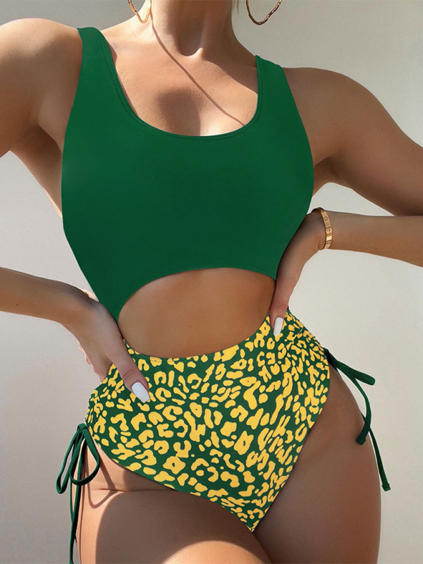 Swimwear- Women's Cutout Animal Print Swimsuit for Pool Parties- Green black jasper- Pekosa Women Fashion