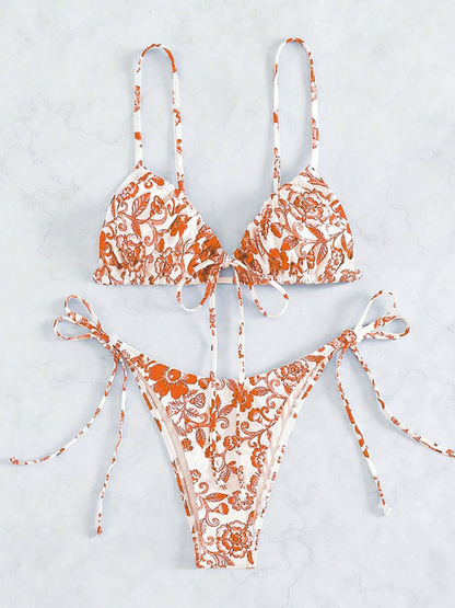 Swimwear- Women's Floral Print Swimwear Set - Tie-Sides Bikini & Ruched Triangle Bra- Orange- Pekosa Women Fashion