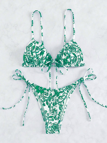 Swimwear- Women's Floral Print Swimwear Set - Tie-Sides Bikini & Ruched Triangle Bra- Green- Pekosa Women Fashion