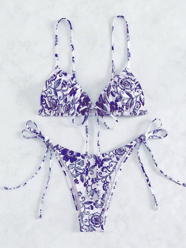 Swimwear- Women's Floral Print Swimwear Set - Tie-Sides Bikini & Ruched Triangle Bra- Purple- Pekosa Women Fashion