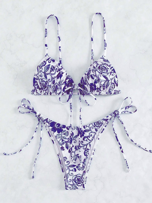 Swimwear- Women's Floral Print Swimwear Set - Tie-Sides Bikini & Ruched Triangle Bra- Purple- Pekosa Women Fashion