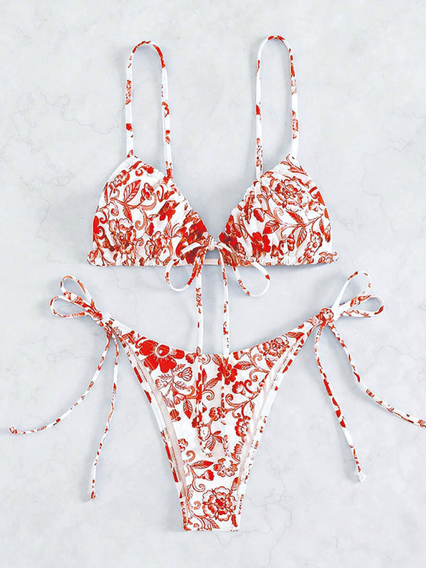 Swimwear- Women's Floral Print Swimwear Set - Tie-Sides Bikini & Ruched Triangle Bra- Red- Pekosa Women Fashion