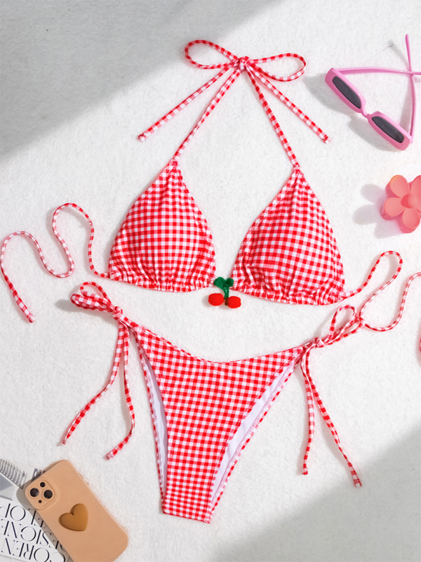 Swimwear- Women's Gingham Tie-Side Bikini & Triangle Bra Swimwear- - Pekosa Women Fashion