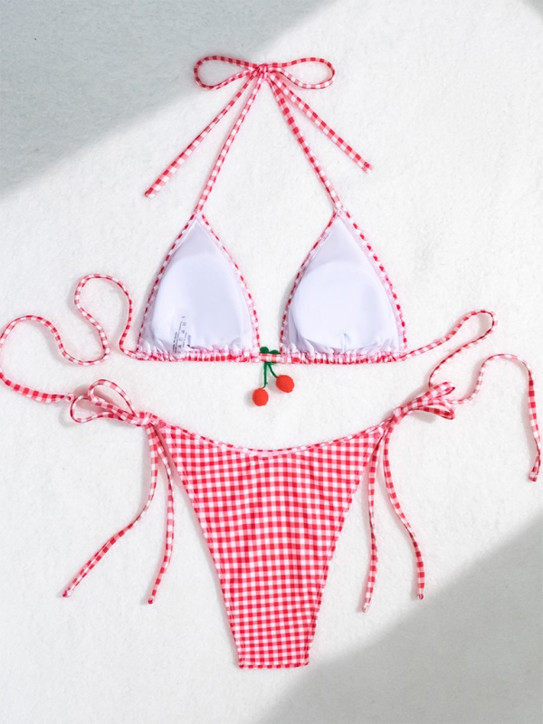 Swimwear- Women's Gingham Tie-Side Bikini & Triangle Bra Swimwear- - Pekosa Women Fashion