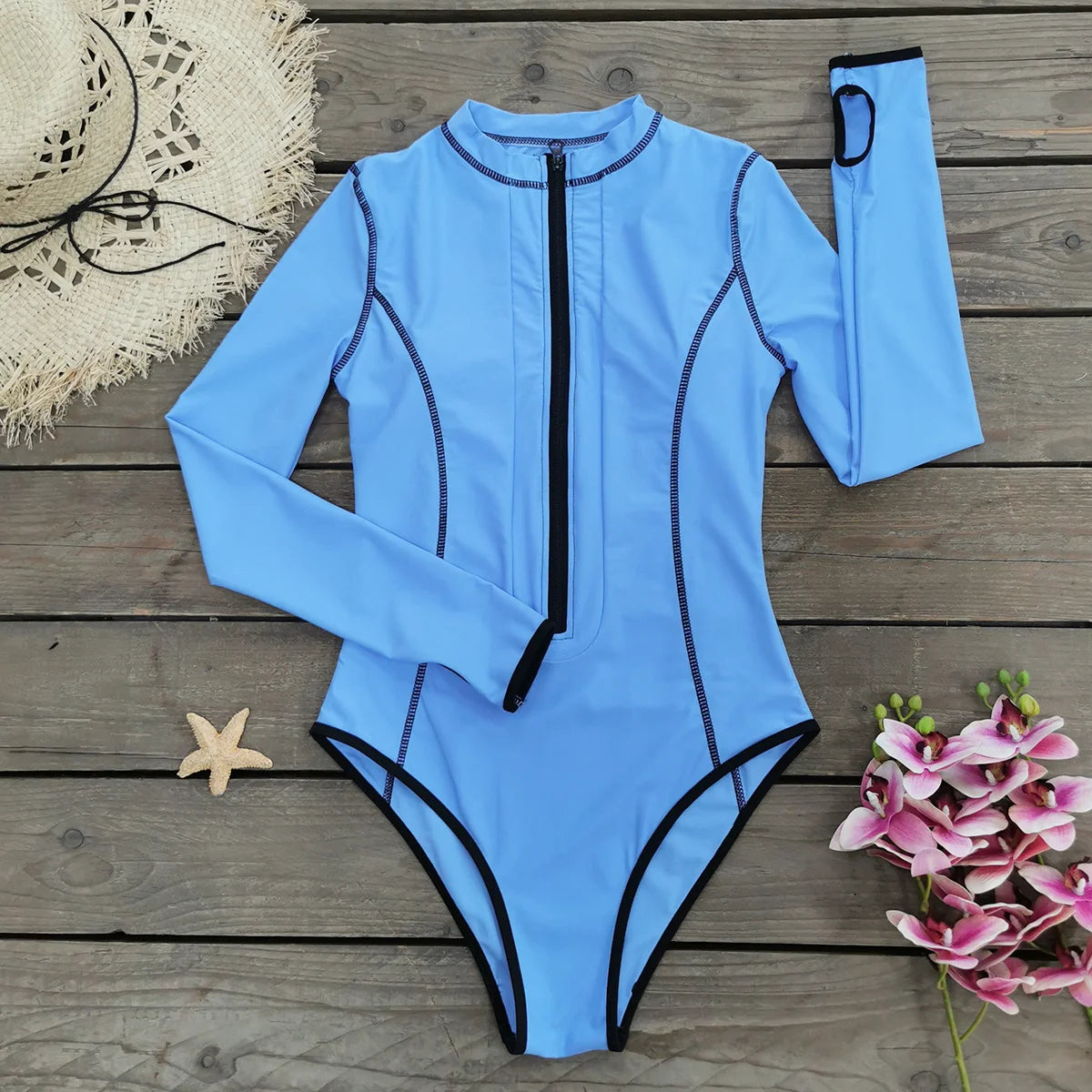 Swimwear - Women's Long Sleeve Swimwear Zip-Up Rash Guard