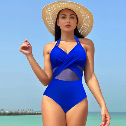 Swimwear- Women's Mesh-Accented Halter Push-Up One-Piece Swimwear- Blue- Pekosa Women Fashion