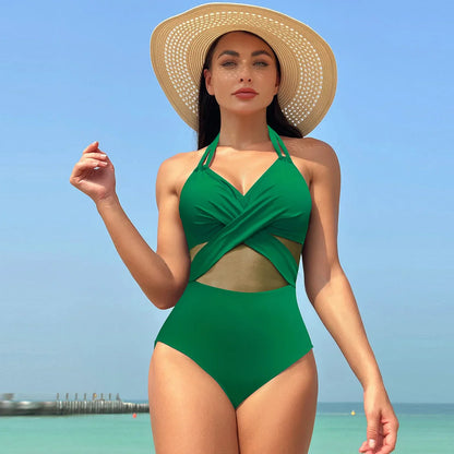 Swimwear- Women's Mesh-Accented Halter Push-Up One-Piece Swimwear- Green- Pekosa Women Fashion