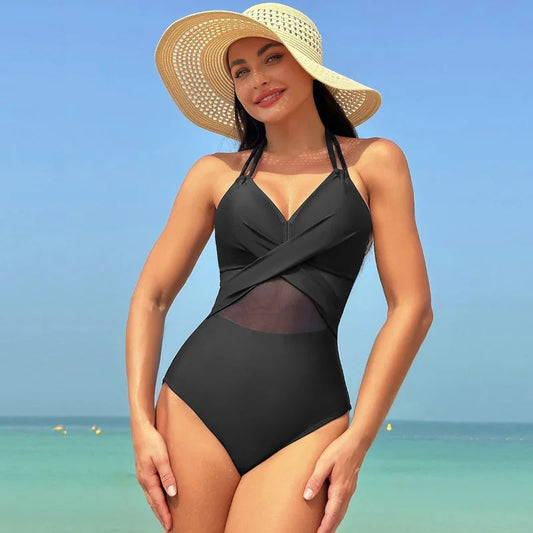 Swimwear- Women's Mesh-Accented Halter Push-Up One-Piece Swimwear- - Pekosa Women Fashion