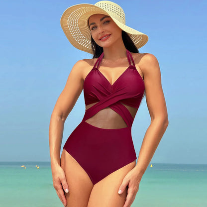 Swimwear- Women's Mesh-Accented Halter Push-Up One-Piece Swimwear- Claret- Pekosa Women Fashion