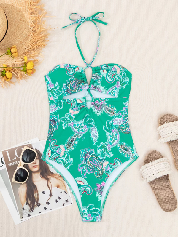 Swimwear- Women's Paisley Print Halter One-Piece with Belly Control- - Pekosa Women Fashion