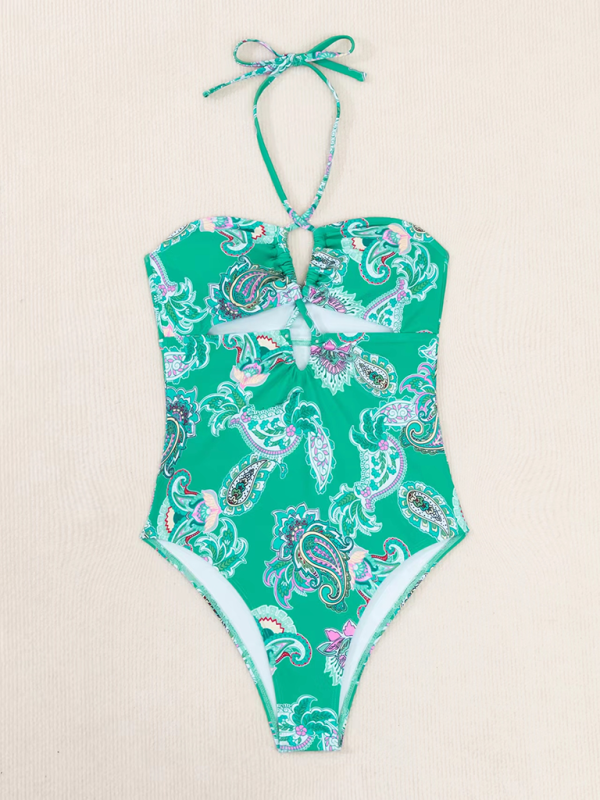 Swimwear- Women's Paisley Print Halter One-Piece with Belly Control- - Pekosa Women Fashion