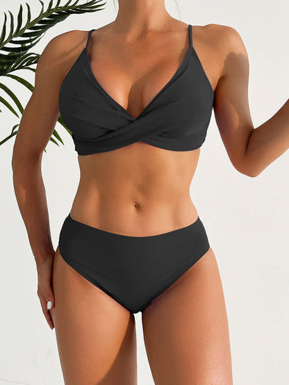 Swimwear- Women's Solid 2-Piece Summer Swimsuit with Vintage Top & Hipster Bikini- Black- Pekosa Women Fashion