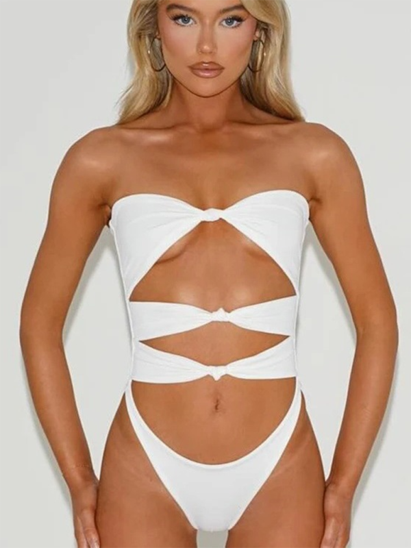 Swimwear- Women's Strapless Cutout One-Piece Swimwear- White- Pekosa Women Fashion