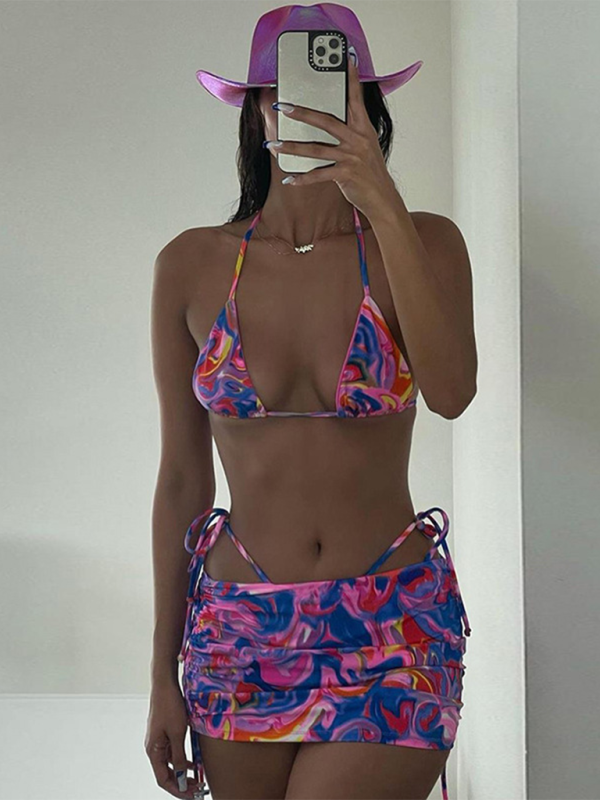 Swimwear- Women's Summer Print 2-Piece Triangle Bra & Mini Skirt Cover-Up Set- Rose- Pekosa Women Fashion