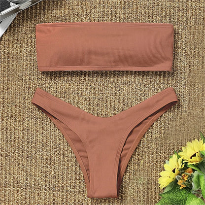 Swimwear- Women's Textured Bandeau 2 Piece Swimwear - Strapless Bra & Low-Waist Bottom- Brown- Chuzko Women Clothing